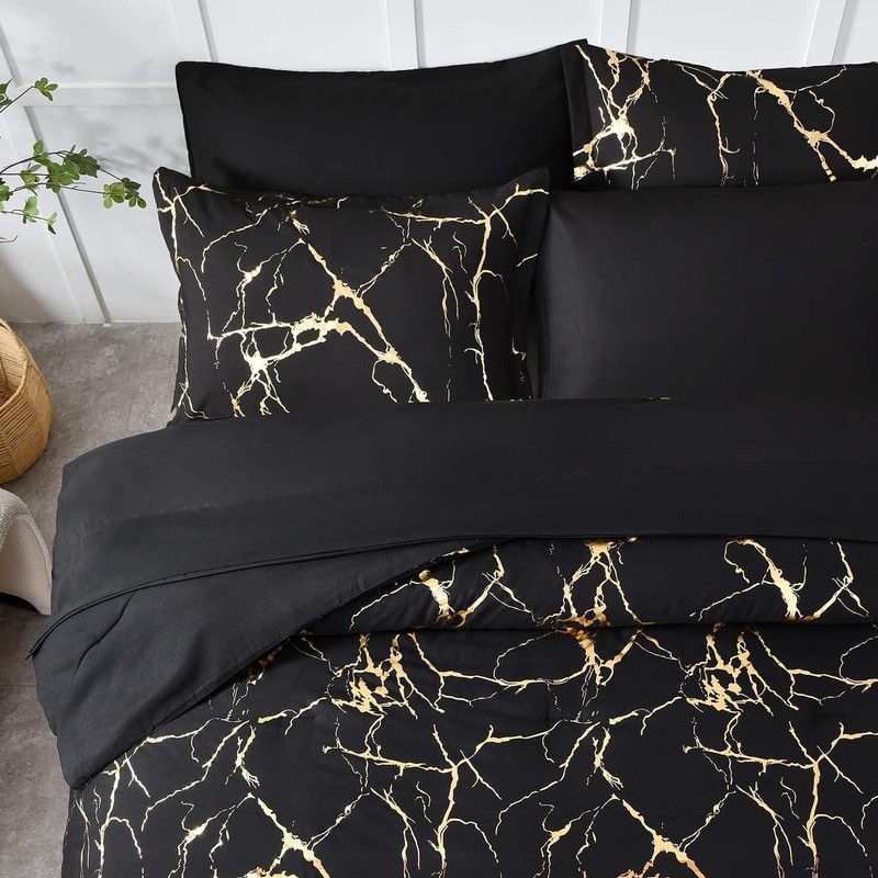 Gold Metallic Marble Comforter Set Queen Size,7 Piece Bed in a Bag,Foil Print... gallery