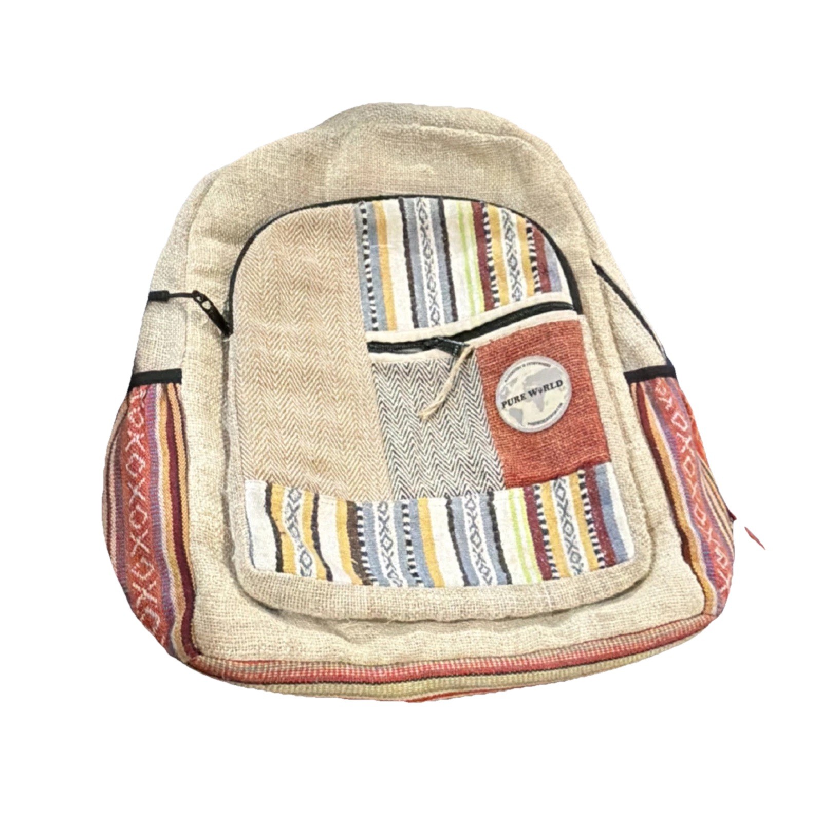 Pure World Patchwork Fabric Hiking Backpack Multicolor Zip External Pockets 2