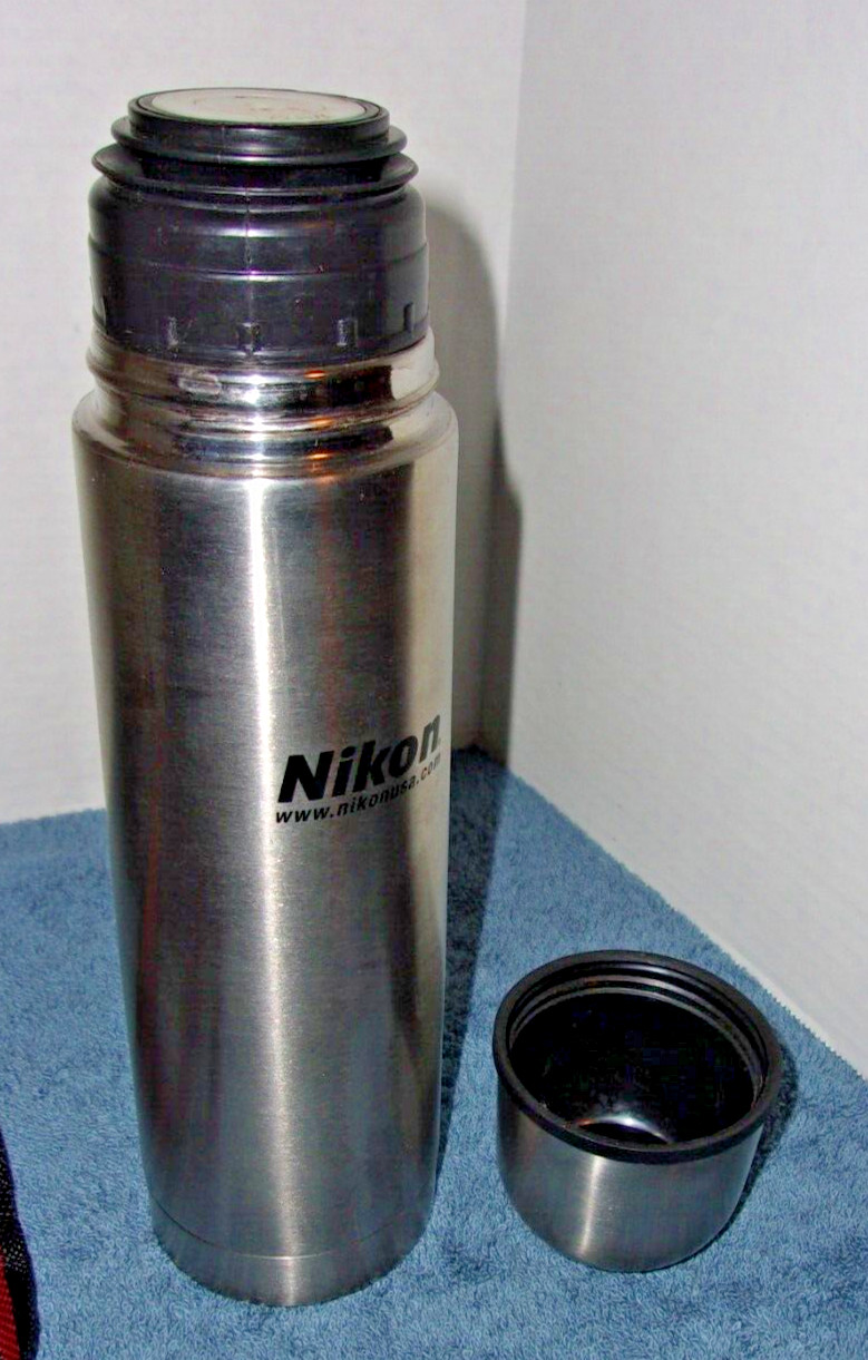 NIKON SMALL STAINLESS THERMOS WITH BLACK ZIP CARRY CASE ADJUSTABLE STRAP gallery