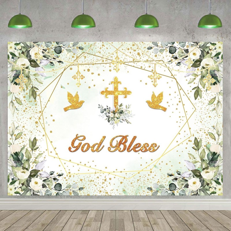 Greenery God Bless Backdrop 7x5ft Baptism Communion Banner Green Gold Decor gallery