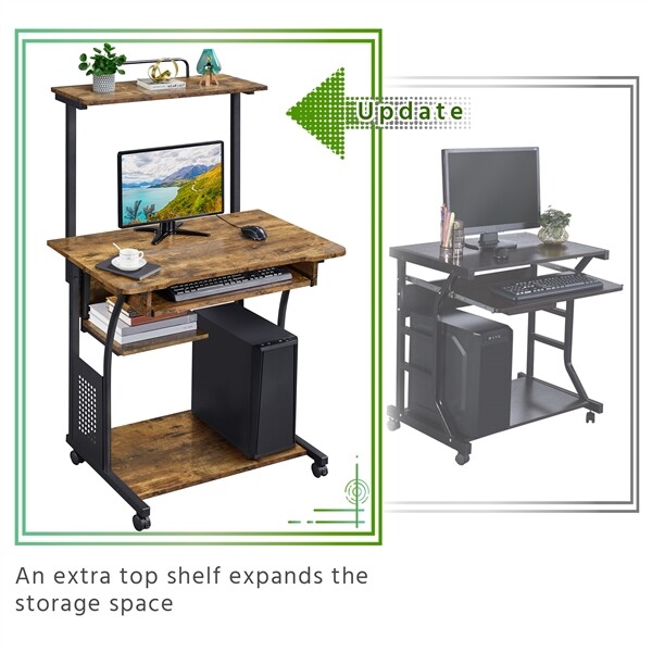 3 Tier Rolling Computer Desk w/Printer Shelf Keyboard Tray Rustic Mobile Desk gallery