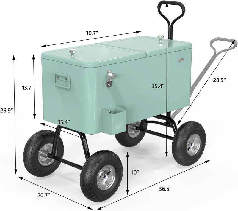 VINGLI 80 Quart Wagon Rolling Cooler Ice Chest, W/Long Handle and 10" Wheels, Po gallery