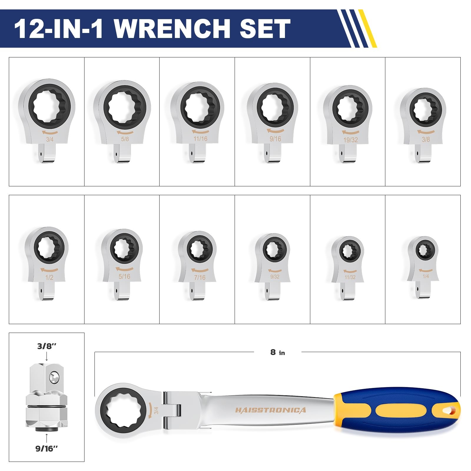 13 PCS FlexHead Ratcheting Combination Wrench Set 3/8 In Adapter 1/43/4 Inch gallery