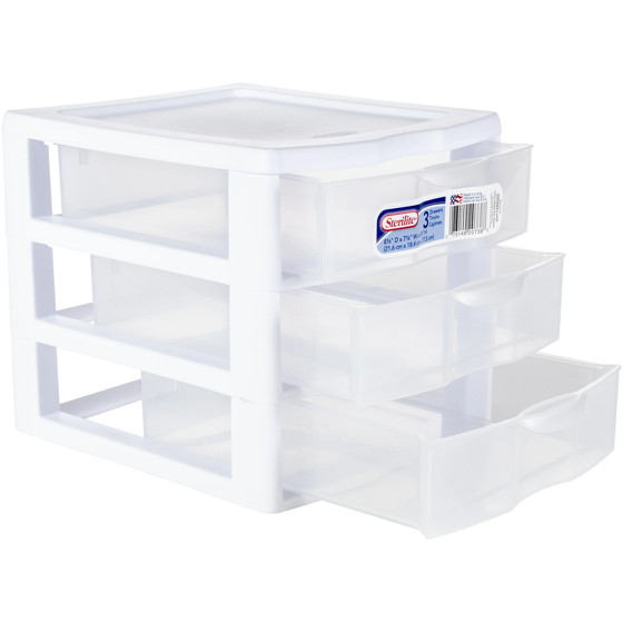 Sterilite Small 3 Drawer Unit, Clear Plastic Countertop or Desktop Drawers,White gallery