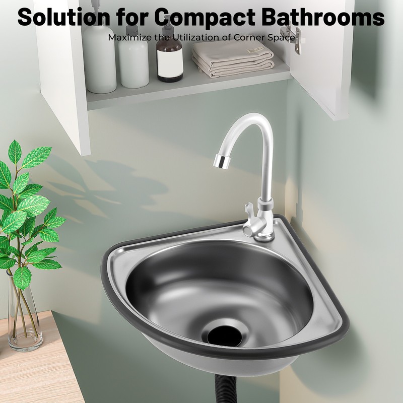 Single Triangle Wash Basin, Corner Sink Small Bar Sink Stainless Steel w/ Faucet gallery