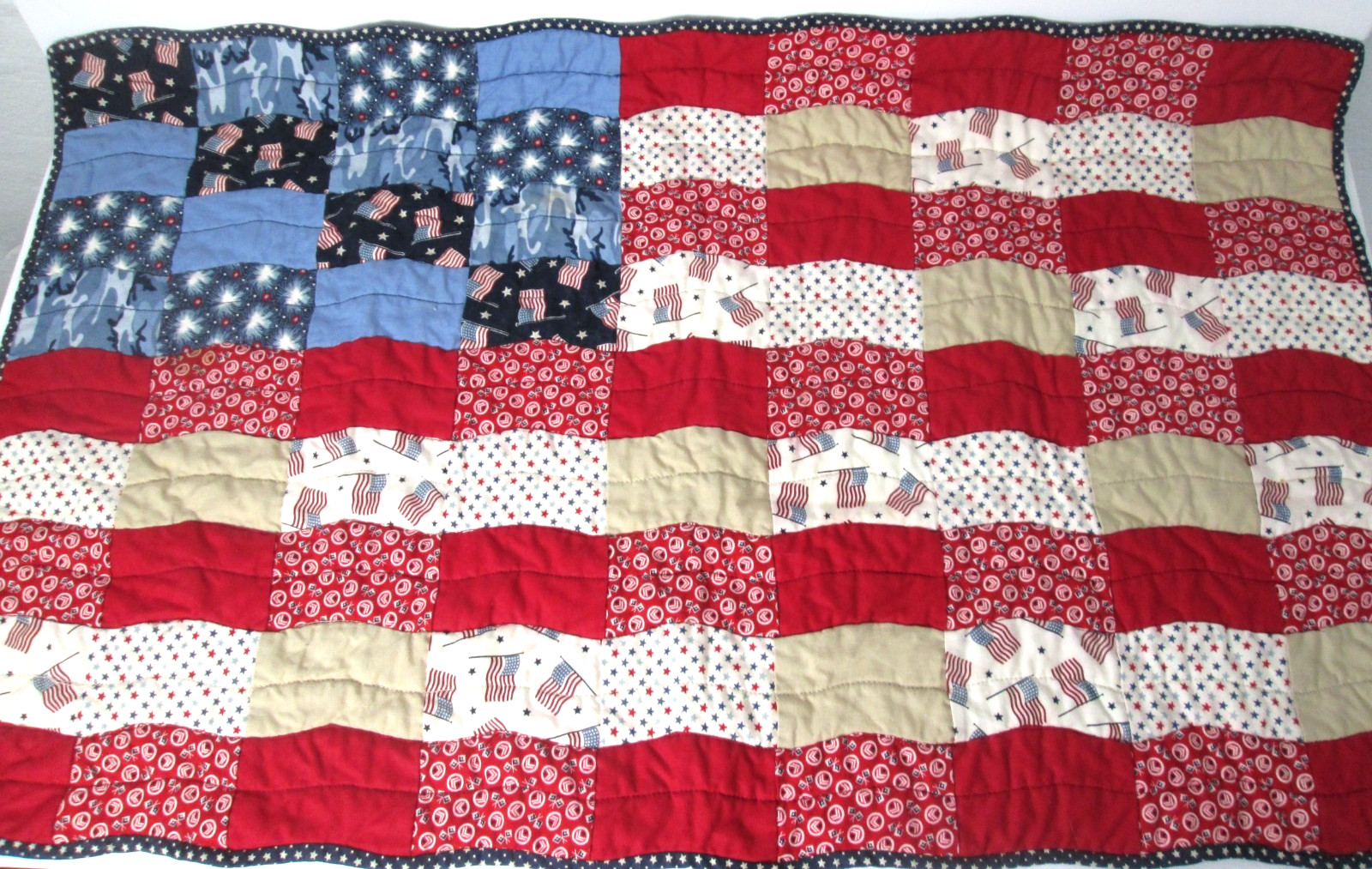 Handmade Quilted Patriotic Patchwork Blue Red White Table Topper 29"x 17" gallery