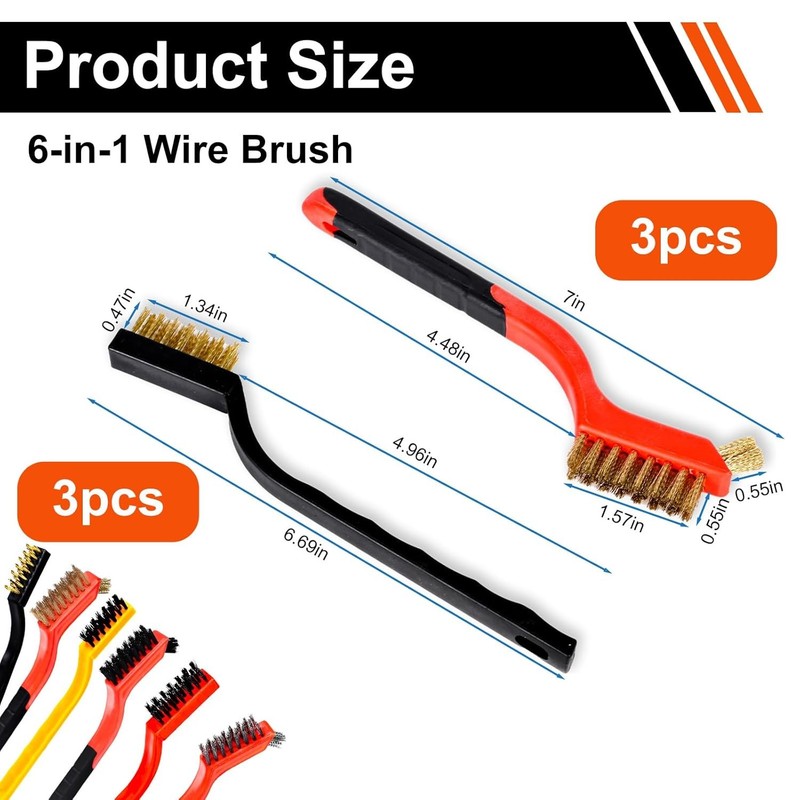 6 Pack Small Wire Brush Set - 7 Inch Brass Brush/Steel Brush/Nylon Brush with Cu gallery