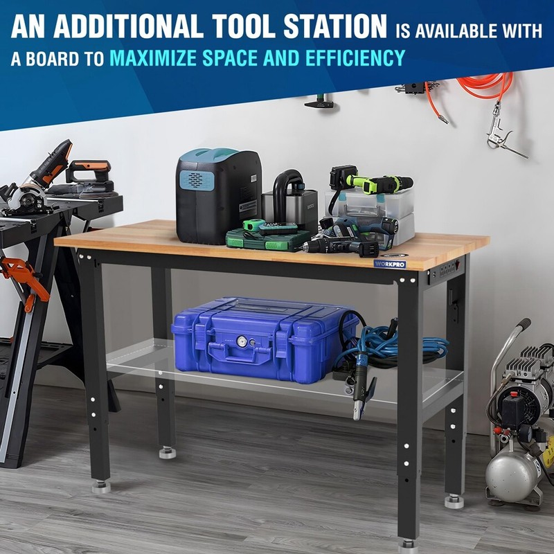 WORKPRO 48" Adjustable Workbench, Rubber Wood Top Heavy-Duty Workstation gallery