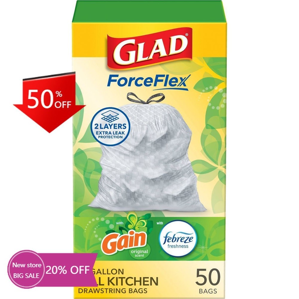 Glad ForceFlex Tall Kitchen Drawstring Trash Bags - Gain Original - 50ct/13gal