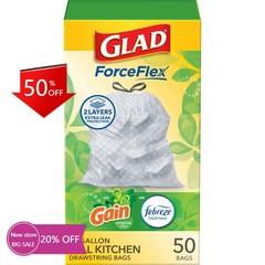 Glad ForceFlex Tall Kitchen Drawstring Trash Bags – Gain Original – 50ct/13gal