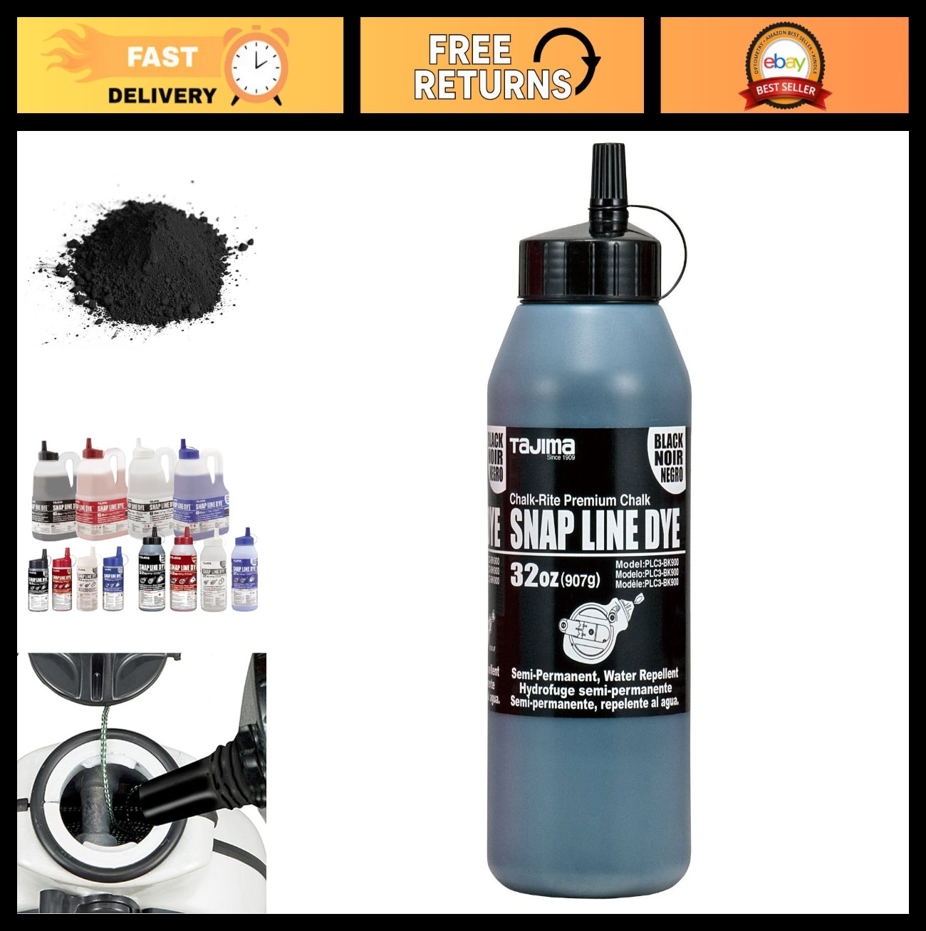 32 oz Black Marking Chalk - Semi-Permanent Snap-Line Dye, Durable Bottle & Easy- gallery
