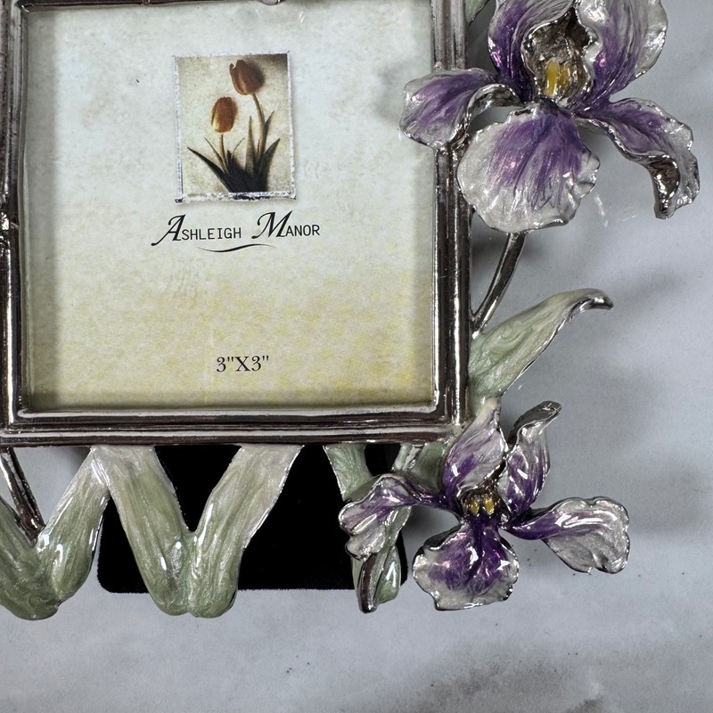Ashleigh Manor Silver Tone Enameled Iris Photo Frame Floral 3x3 Picture Desktop gallery