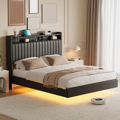 Queen Size Floating Bed Frame with LED Lights Adjustable Upholstered Headboard