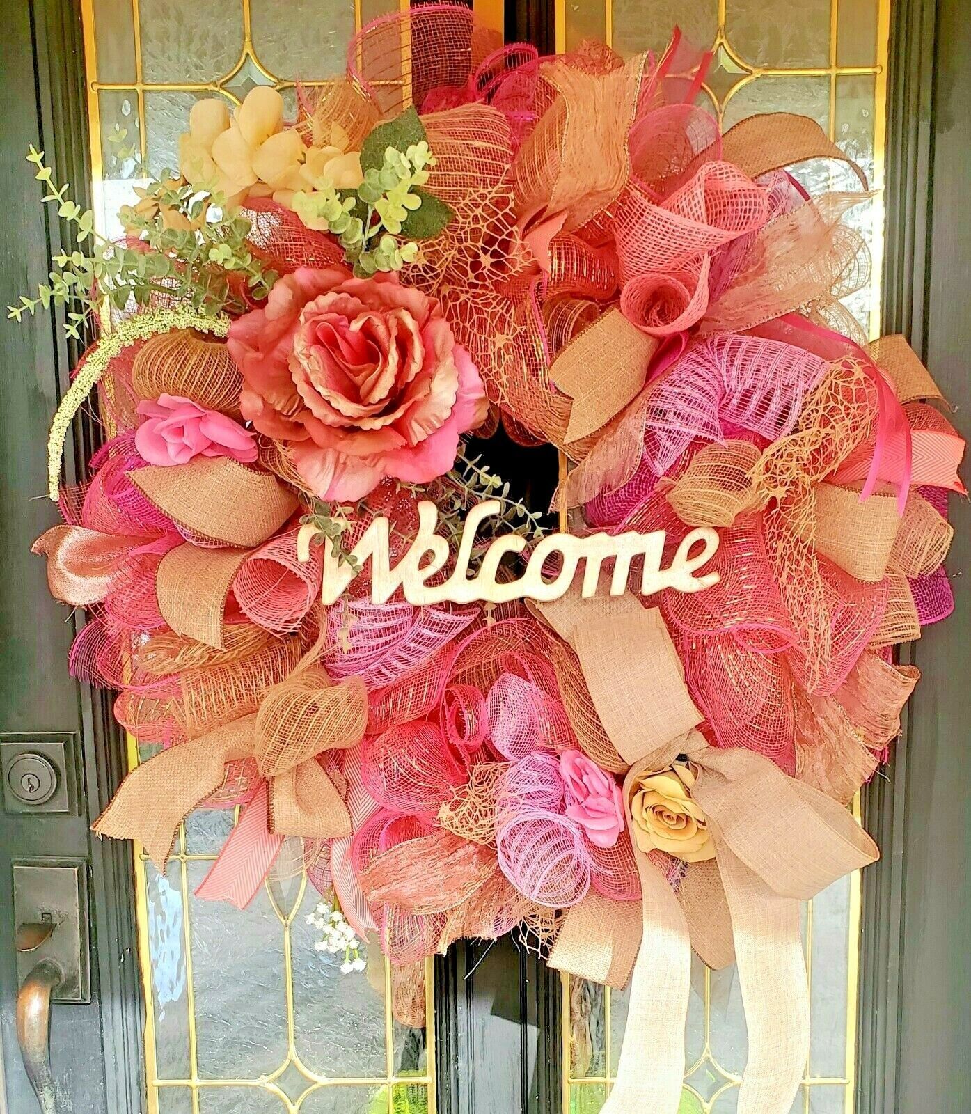 Large Spring Summer Burlap Deco Mesh Wreath Pink Rose Farmhouse Front Door Decor gallery