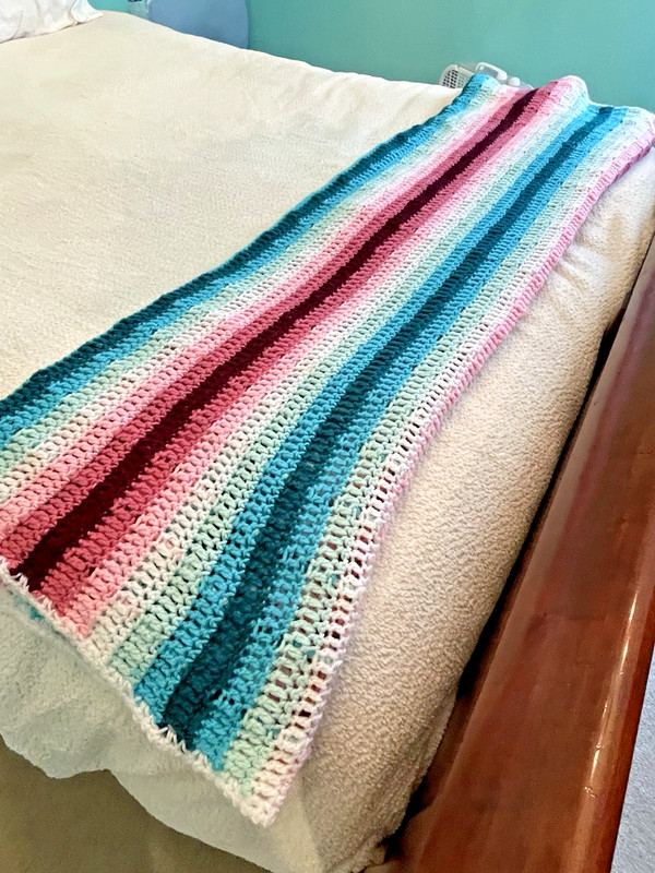 Handmade Crocheted Afghan Striped Pattern 55'x70"/Queen -Pink, teal, mint, white gallery