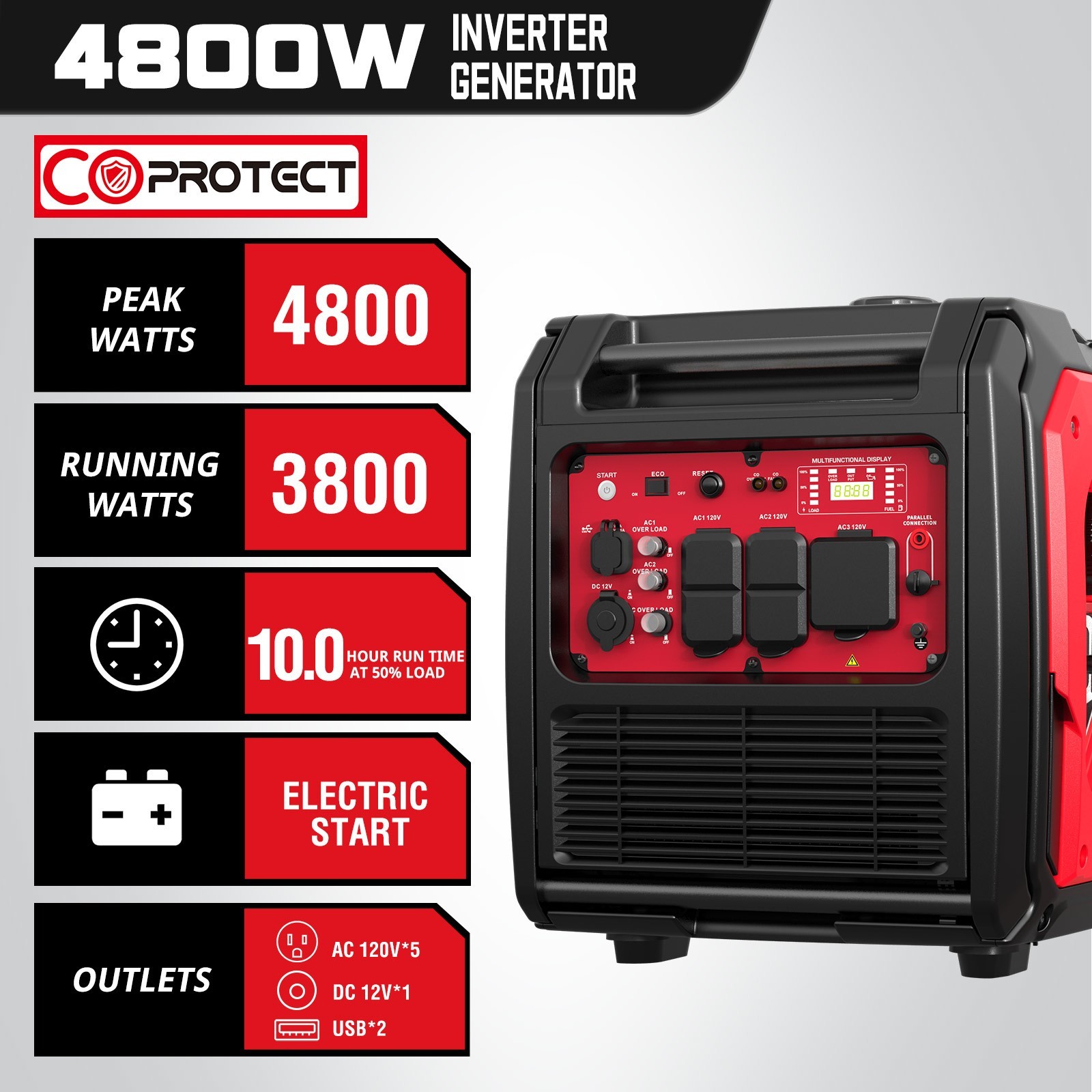 PowerSmart 4800W Gas Inverter Generator, Electric Start, 10H Run, 120V, CO Alarm gallery