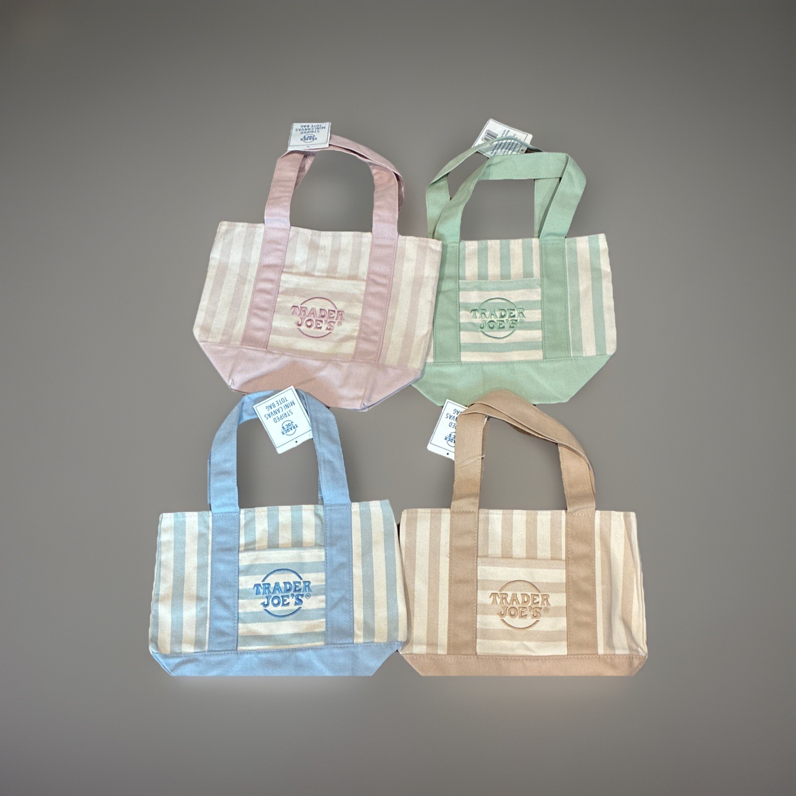 Trader Joe's Reusable Tote Bags 4-Pack Multicolor Stripe 13x10x10 in gallery