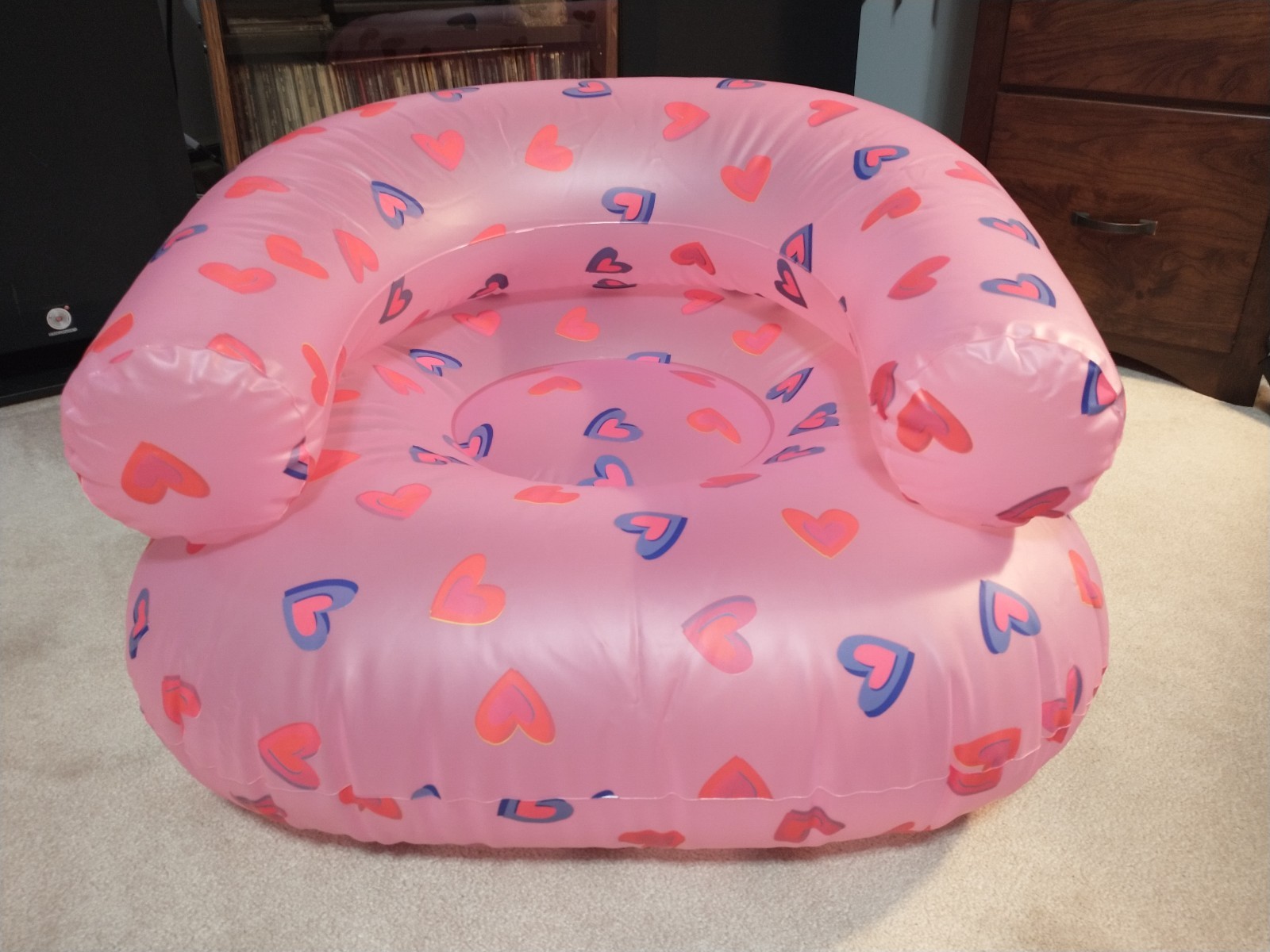 1990s Spencer's Inflatable Chair Pink with Red Blue Hearts Valentines gallery