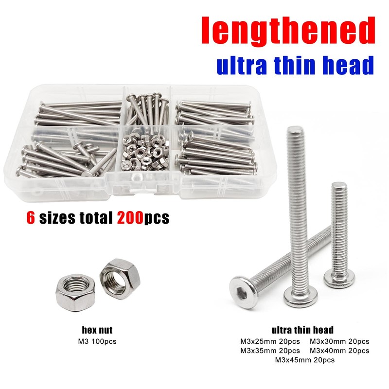 200pcs Long M3 Allen Hex Socket Head Screw Bolt Nut Set Kit 304 Stainless Steel gallery
