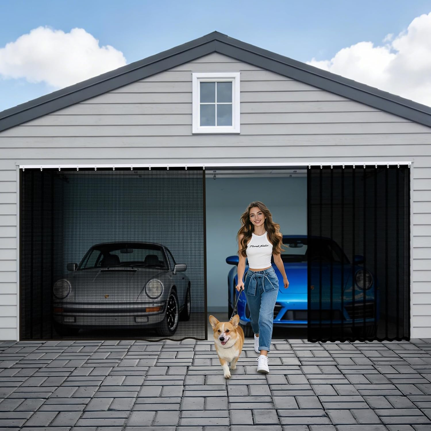 Sliding Garage Door Screen 2 Car with Track Closure,16X7Ft Garage Door Retractab gallery