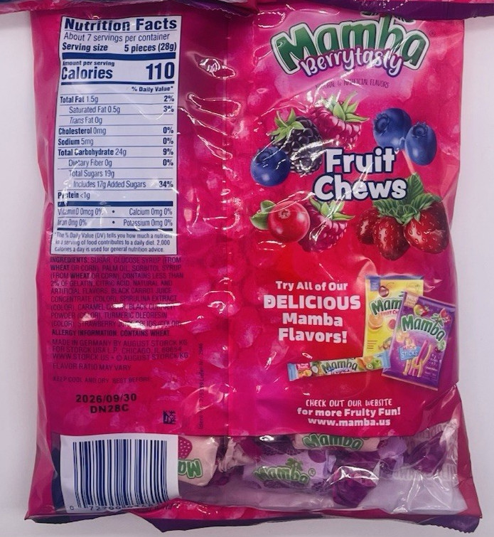 Mamba Berry Tasty Fruit Chews, Fruity Chewy Candy, Individually Wrapped, 7.05oz gallery
