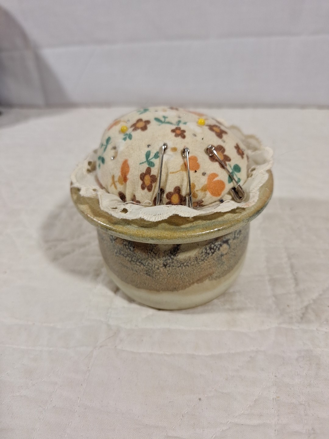 Studio Pottery Pin Cushion Brown And Blue Signed On Bottom 1984 Cracked On Rim gallery