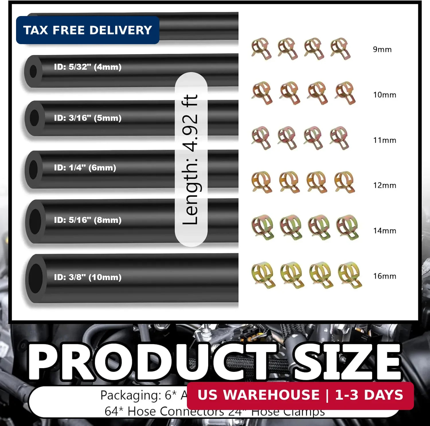 94PCS 5Ft Vacuum Hose Automotive Set,6 Sizes 3/8",5/16",1/4",3/16",5/32",1/8" Si gallery