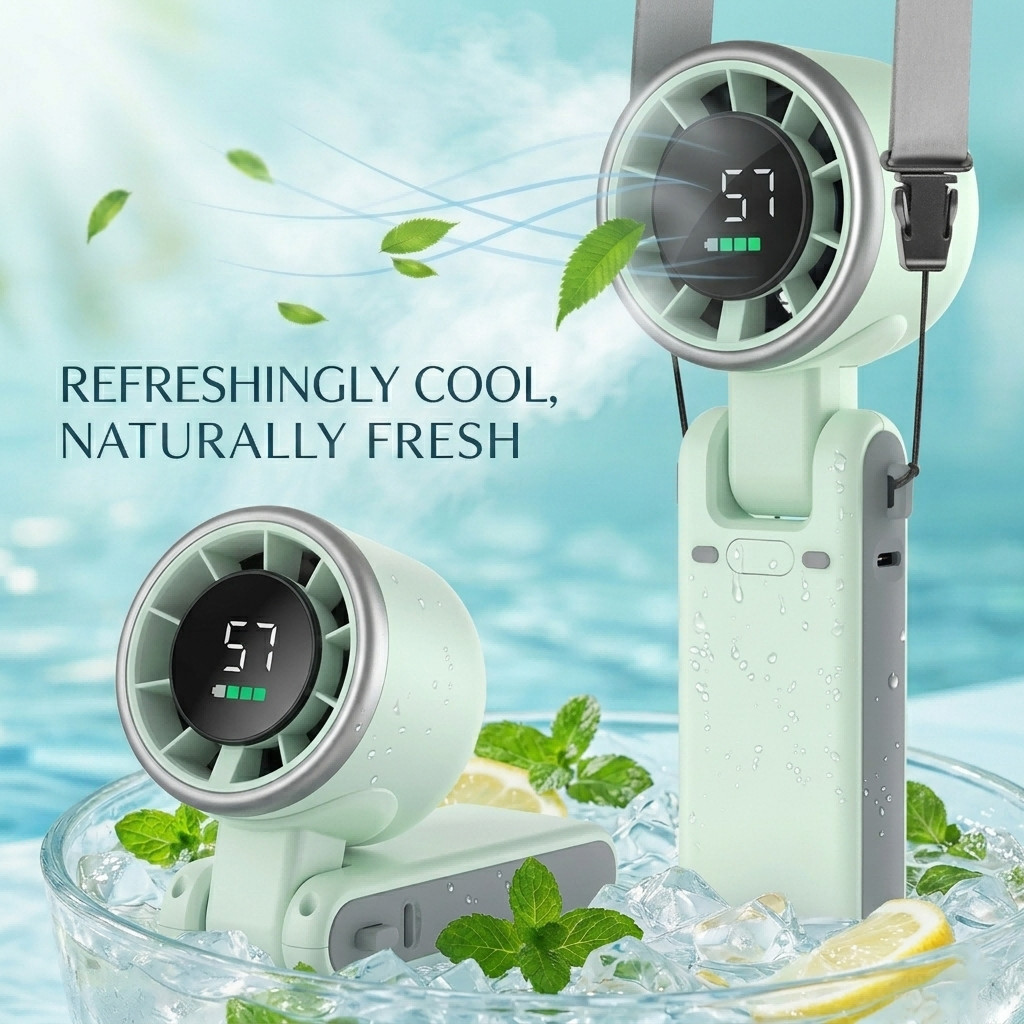 3 IN 1 Rechargeable Handheld Neck Desktop Fan with Digital Display & Lanyard gallery