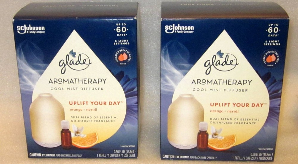 2 GLADE AROMATHERAPY COOL MIST DIFFUSER + OIL REFILL KITS ORANGE + NEROLI UPLIFT