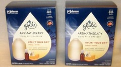 2 GLADE AROMATHERAPY COOL MIST DIFFUSER + OIL REFILL KITS ORANGE + NEROLI UPLIFT