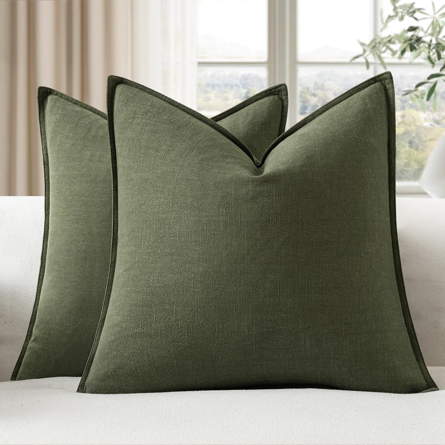 EMEMA Decorative Linen Throw Pillow Covers 18x18 Inch Dark Olive Green Boho F... gallery