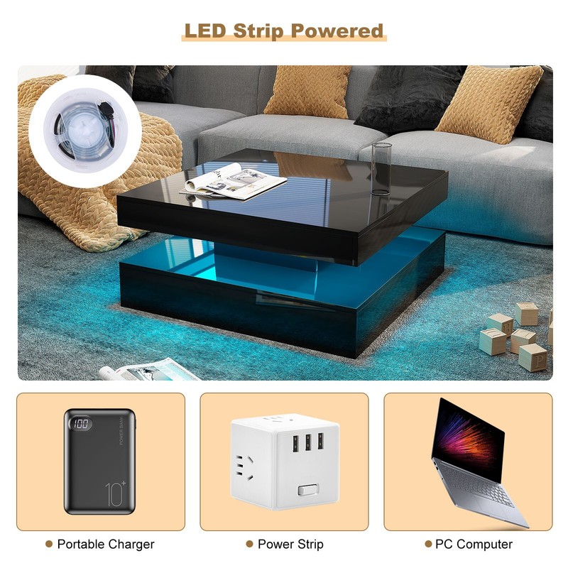 Square Coffee Table with LED Lights High Gloss Center Cocktail Table 2-Tier Whit gallery