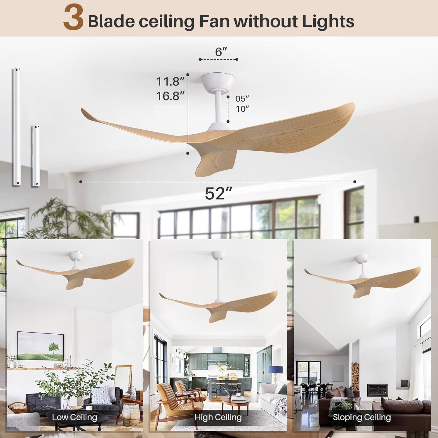 Modern Bedroom Ceiling Fan No Light With Remote & Reversible Indoor Outdoor Fan gallery