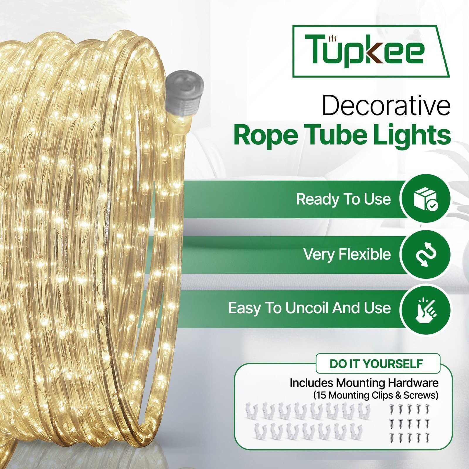 Tupkee LED Rope Light Warm-White - 24 Feet, for Indoor and Outdoor Tube Lights gallery