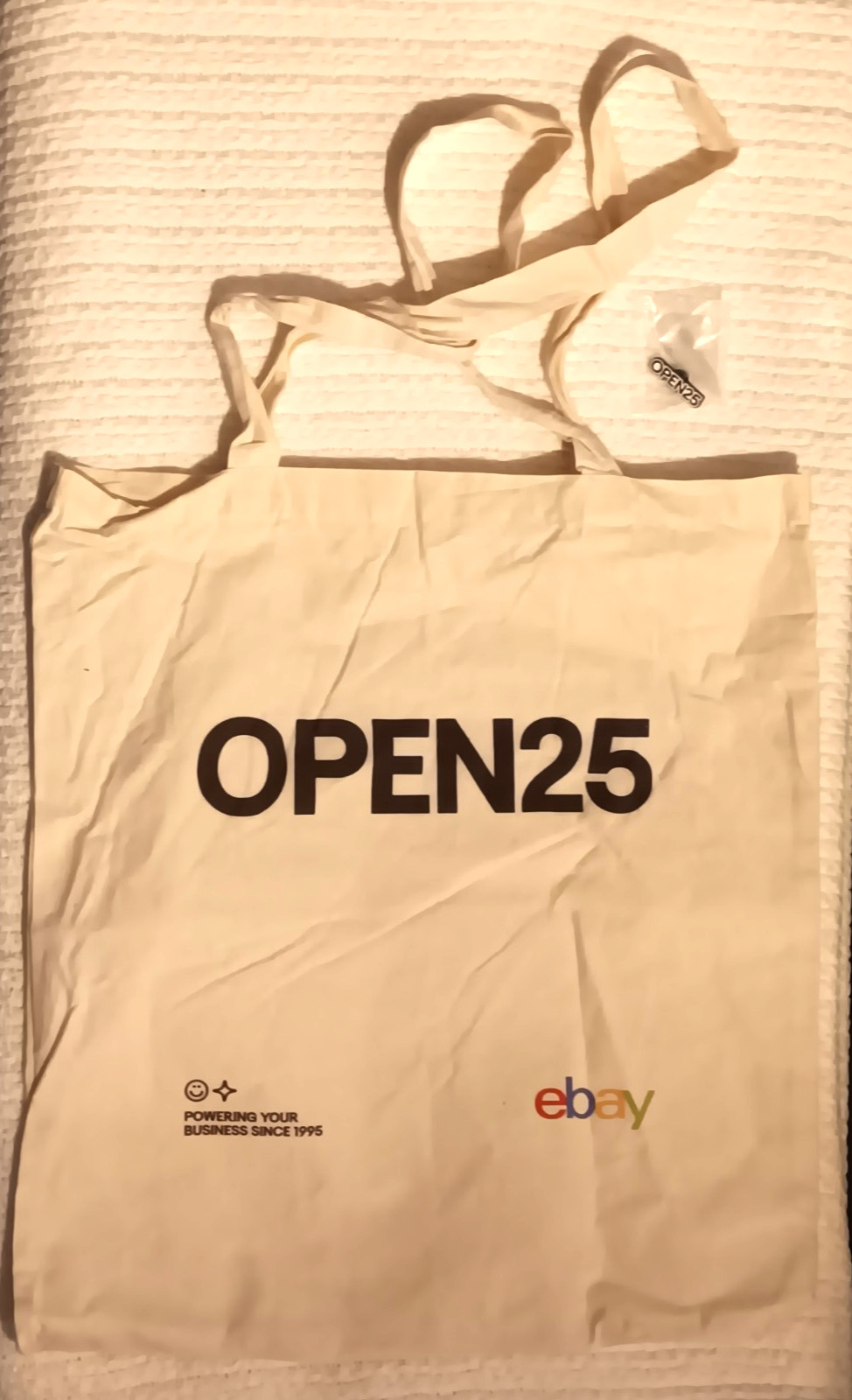 Ebay Open 2025 Eco Friendly Reusable Tote Beige 14"Wx16"L Handle & Souvenir Pin gallery