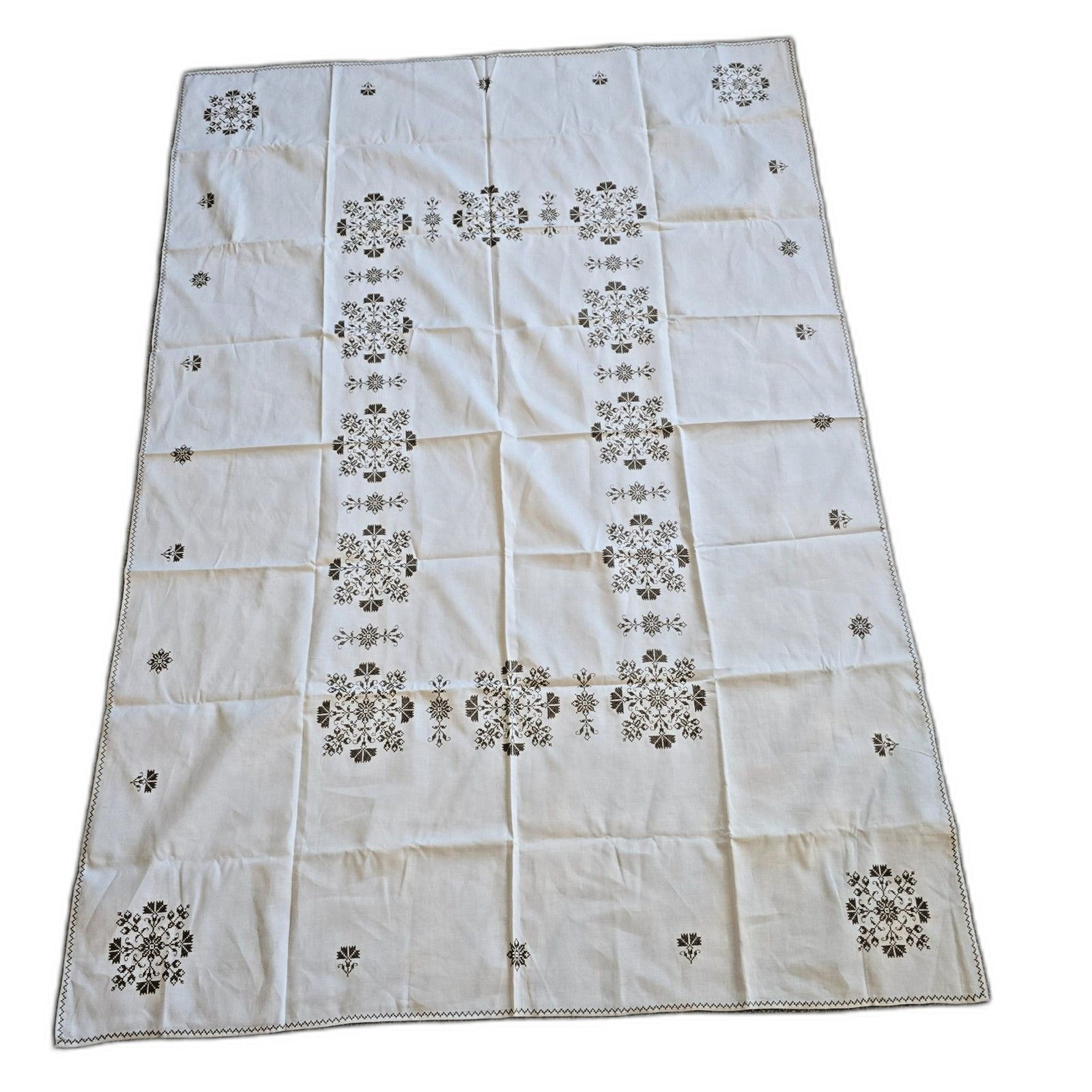 Vintage Scandinavian Snowflake Embroidered Tablecloth Cream Brown 48x68 gallery