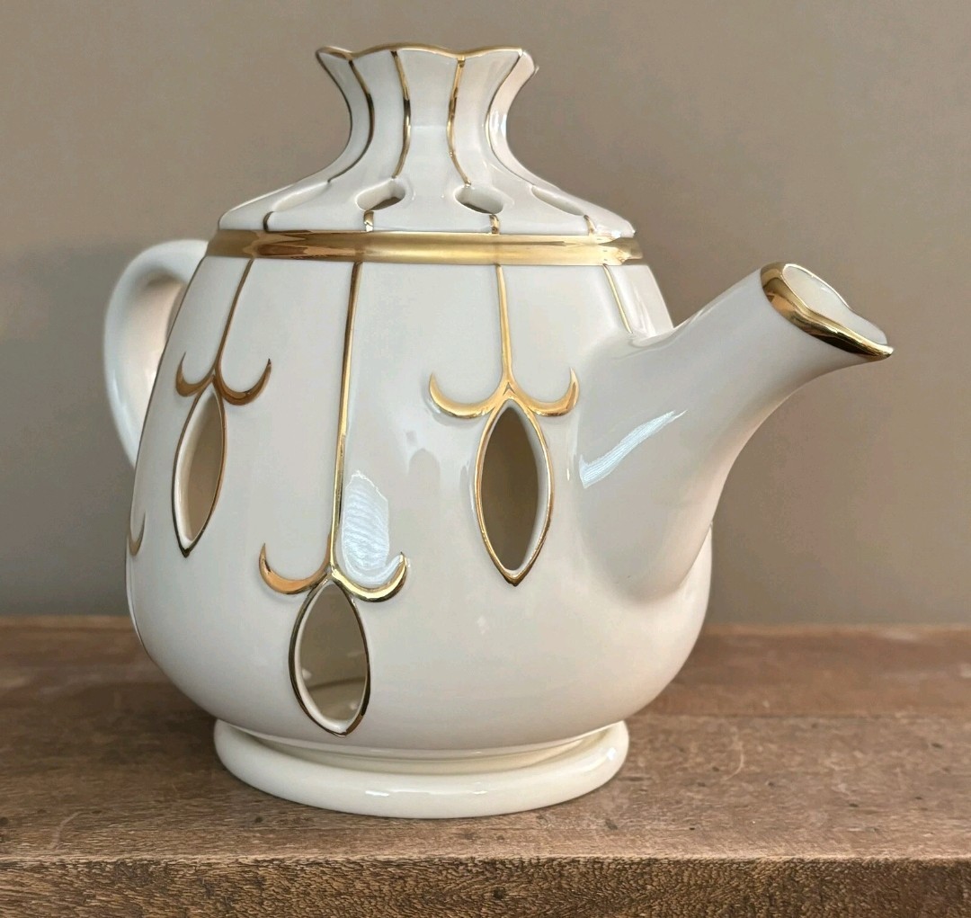 PartyLite Tea Pot with Gold Trim and a Vase. Both Are Brand New In Box. gallery