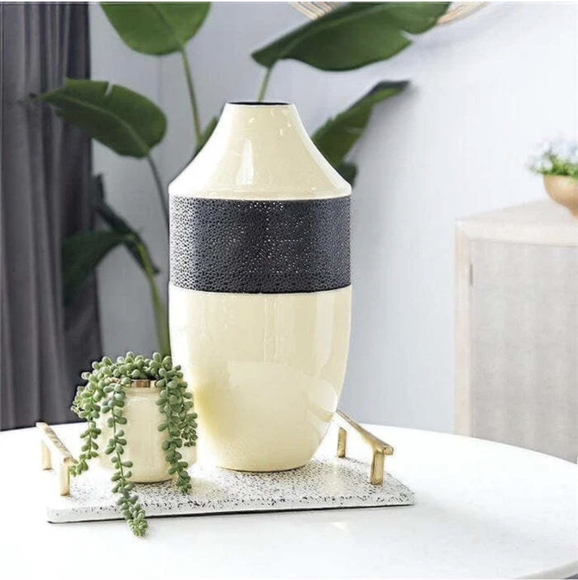 Open Box Beige/Off White Metal Vase with Black Pattern Mesh (large Only) 17x8x8” gallery