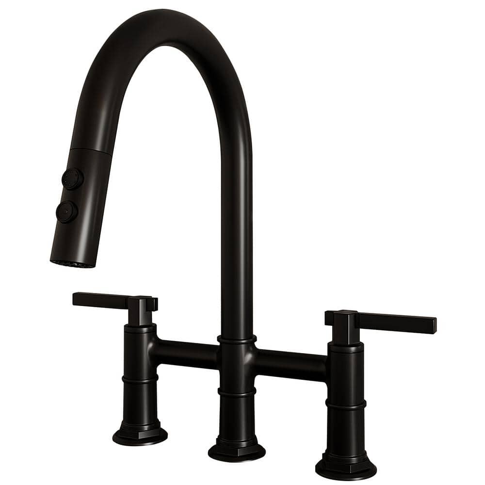 BWE Modern Double Handle Bridge Kitchen Faucet 3-Holes 360 Swivel Spout Black gallery