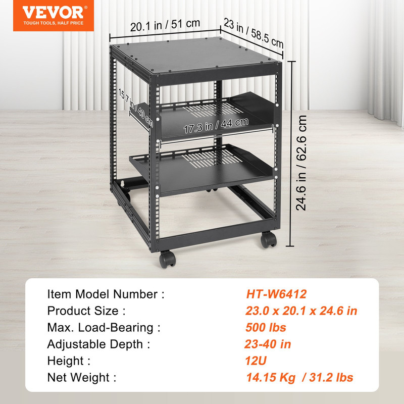 VEVOR 12U Open Frame Server Rack, 23-40 in Adjustable Depth, Free Standing or Wa gallery