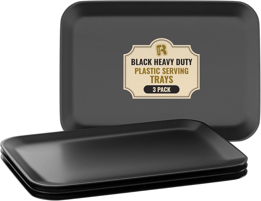 3 Pack Black Plastic Serving Trays for Party - Black Serving Tray 8 X 11 Inch -