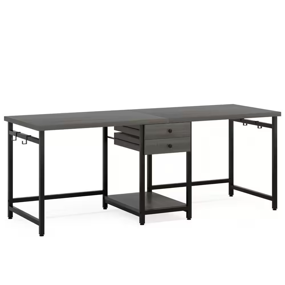 Perry 78 In. Rectangle Grey Storage Shelves 2-Drawers Computer Double Desk, Larg gallery