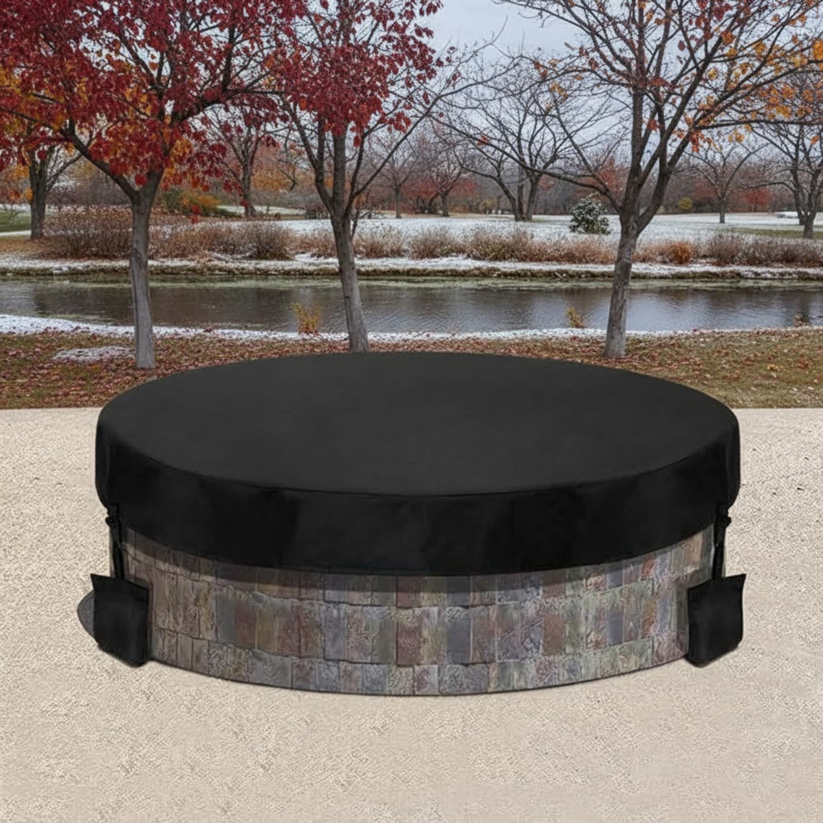 52-57 Inch Fire Pit Cover Round for in Ground 600D Oxford Cloth Waterproof He... gallery