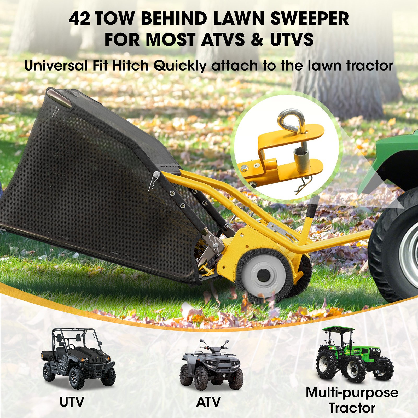 42" Lawn Sweeper Tow Behind Pull Behind Grass Sweeper w/ 18.55cu.ft Large Hopper gallery