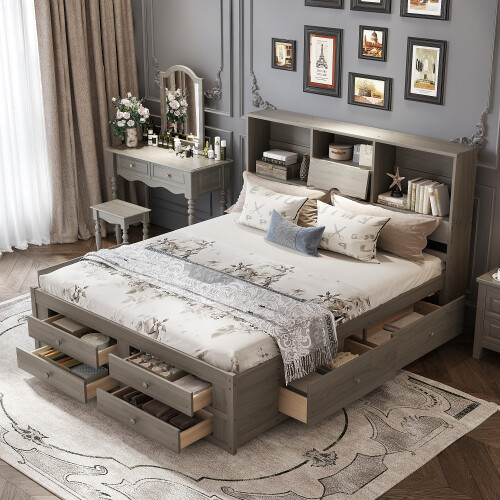 Queen King Size Platform Bed with Storage Drawers Bookcase Headboard Bed Frames gallery