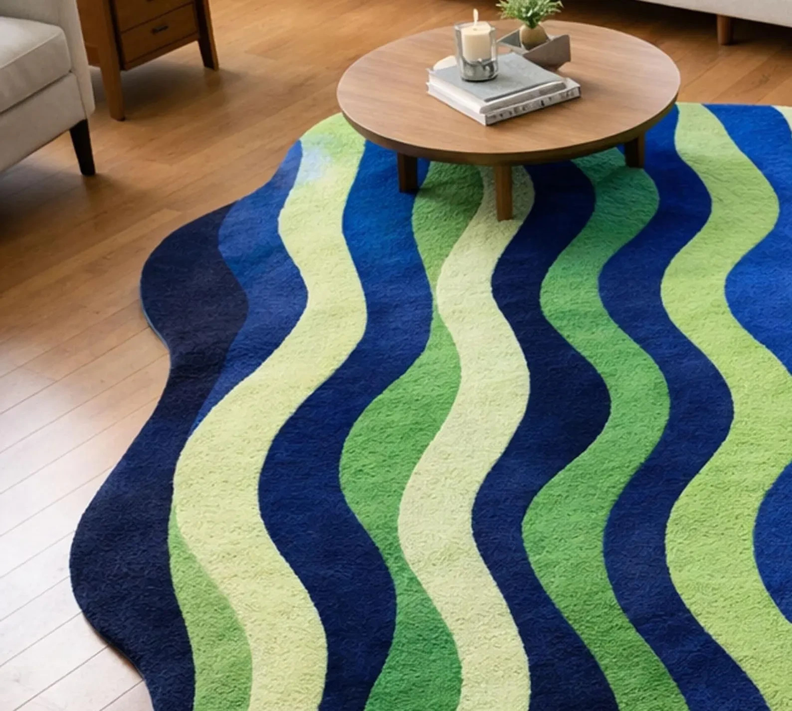 Hand Tufted Blue Green Wavy Rug Modern Abstract Area Carpet gallery