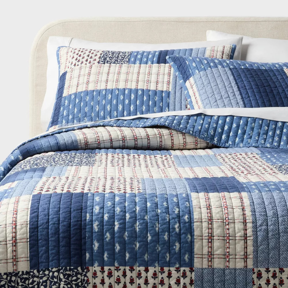 Full/Queen Patchwork Quilt Set Blue/Dark Blue/Natural - Threshold gallery