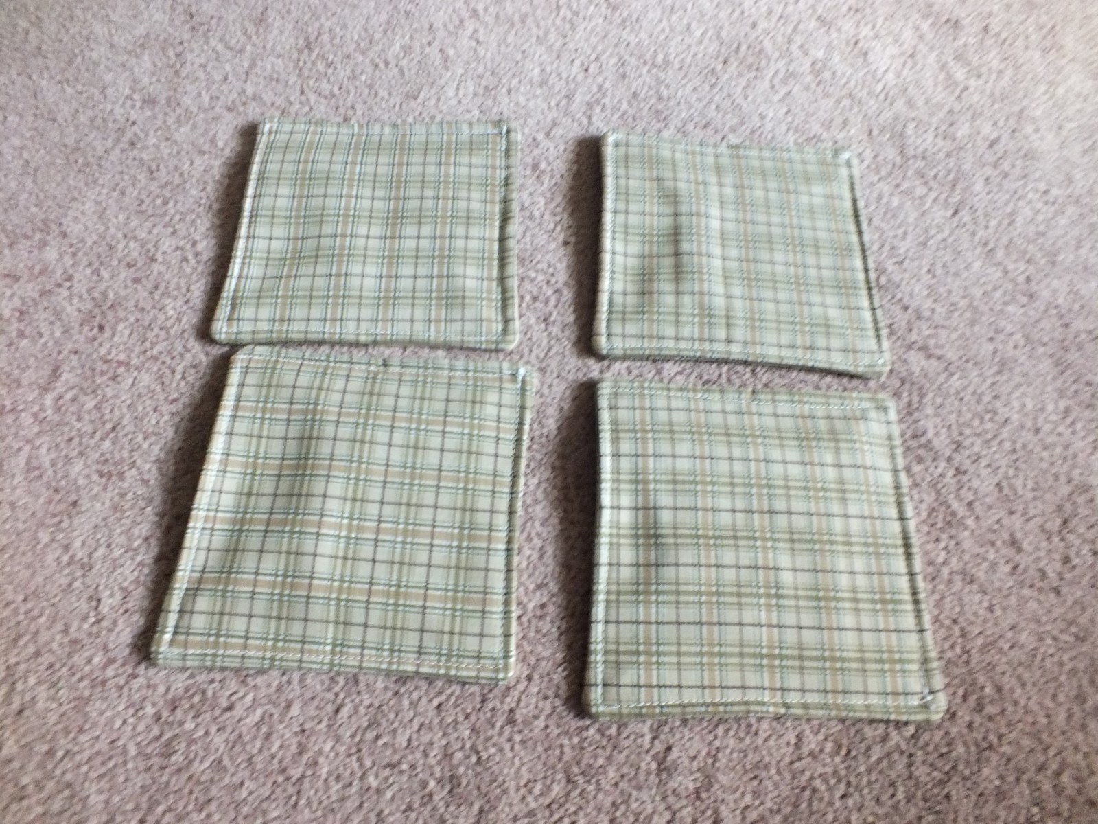 Beautiful Handmade Coaster Set 4 Tan Beige Plaid Design 4 1/2" Square gallery