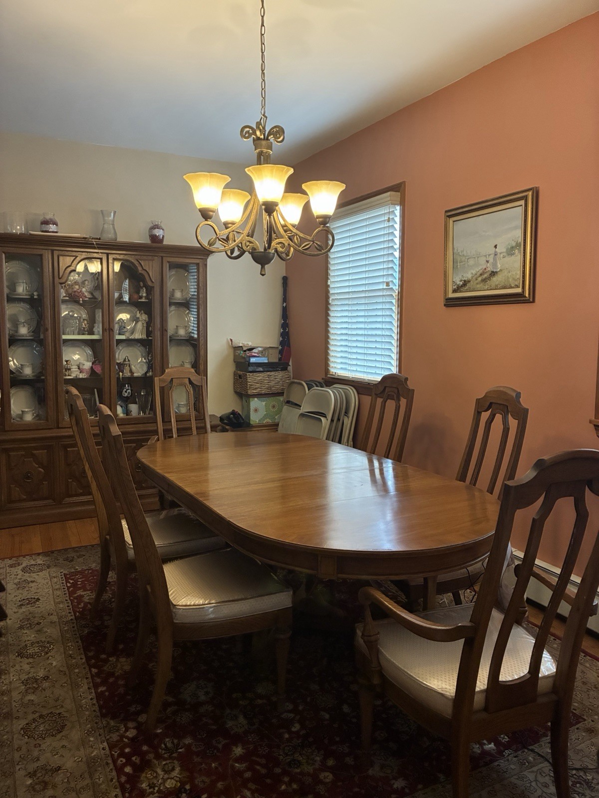 Traditional Oval Wood Dining Set: Table, 6 Upholstered Chairs, China Cabinet gallery