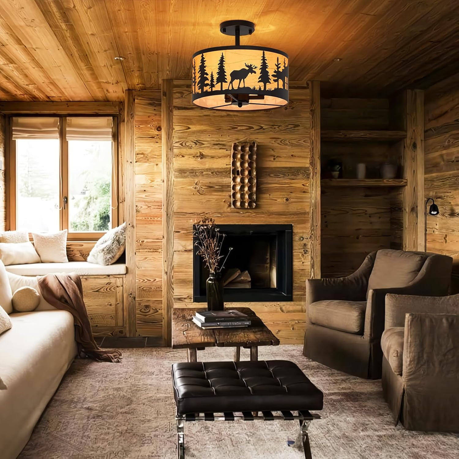 Rustic 3-Light Semi-Flush Mount Ceiling Light with Deer & Bear Design gallery